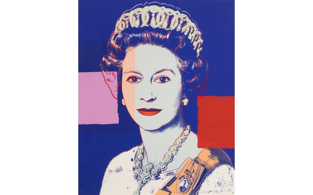 A high-resolution image of an Andy Warhol print of Queen Elizabeth II wearing a crown, necklace, and a sash; primarily in a royal blue color, featuring a pink rectangle on the left and a red rectangle on the right.